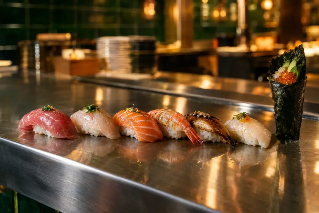 Illustrative image: A quick dozen-piece run of nigiri and hand rolls, standing