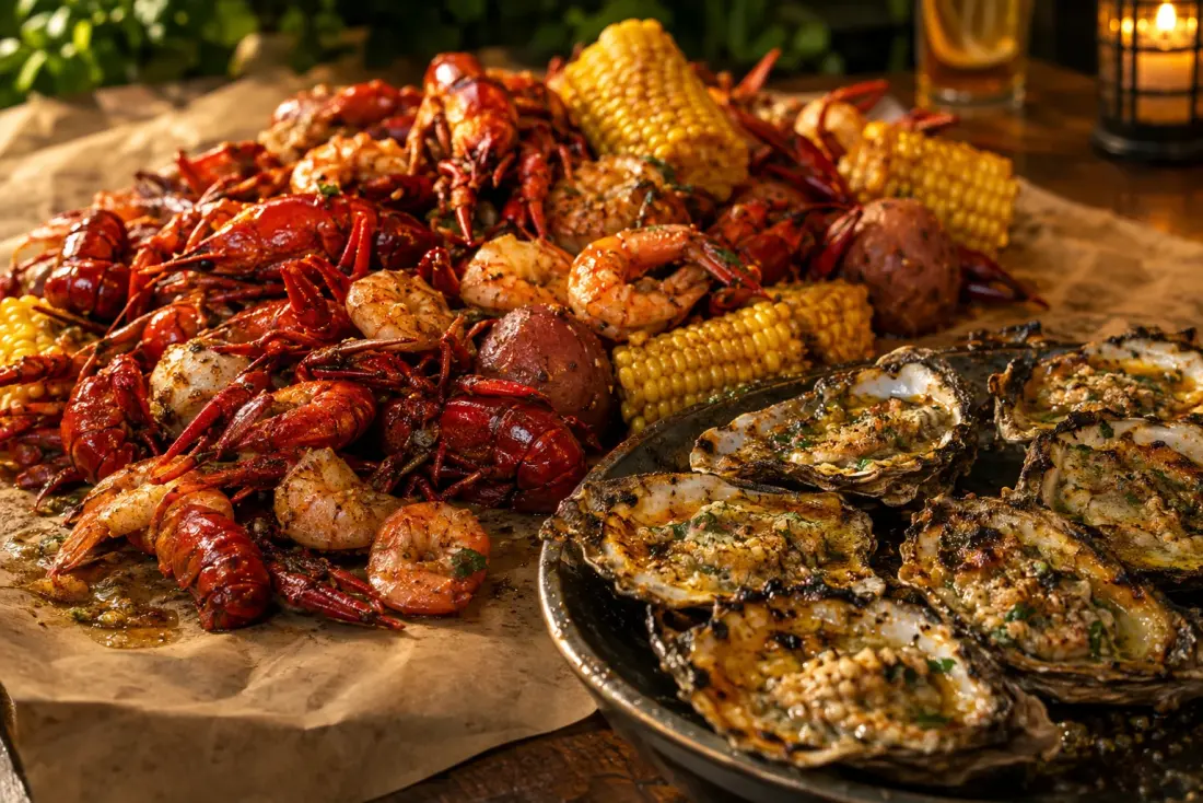 Illustrative image: Cajun seafood boil and charbroiled oysters