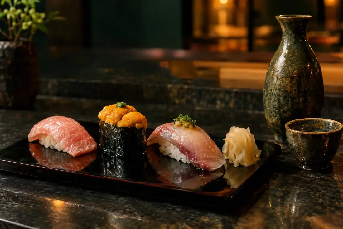 Illustrative image: Michelin-starred sushi omakase and a deep sake list