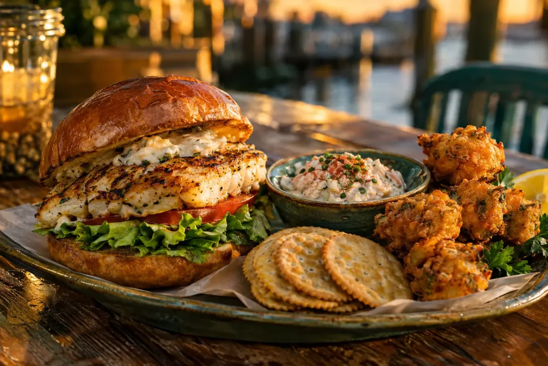 Illustrative image: Grilled grouper sandwich, smoked fish dip and conch fritters