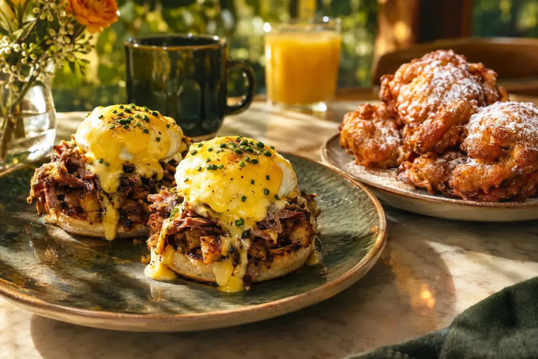 Illustrative image: Roast beef hash Benedict and apple fritters