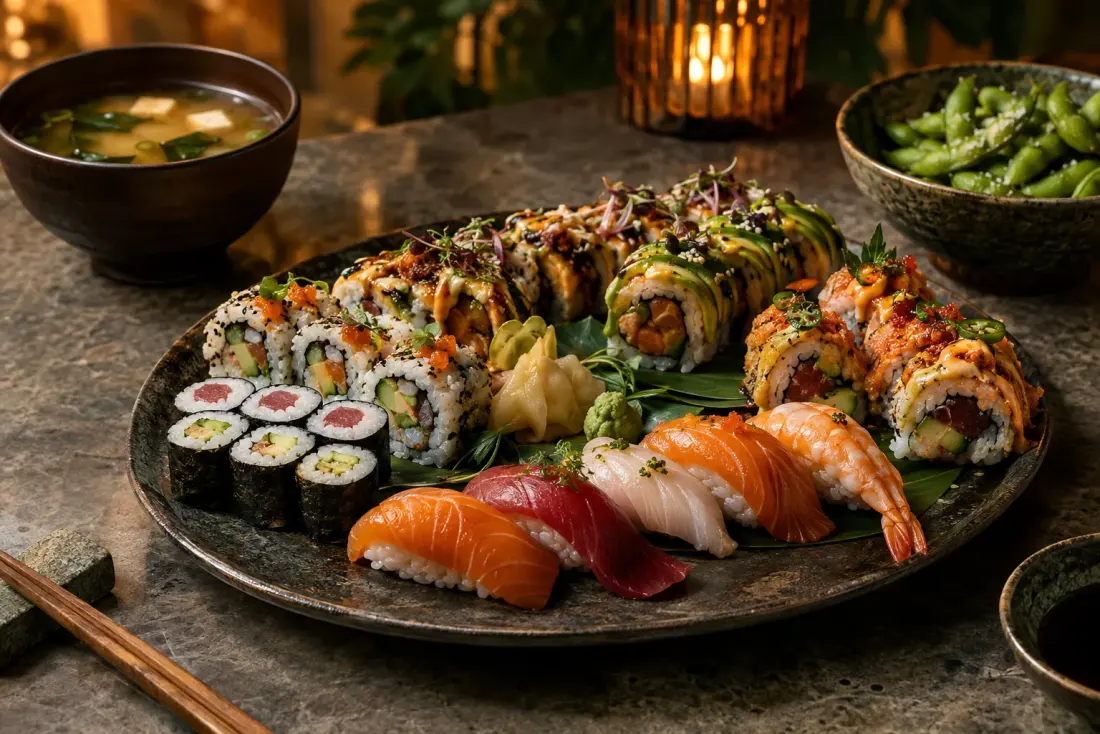 Illustrative image: Classic and creative sushi plus hot Japanese dishes